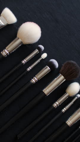 Set Of Makeup Brushes, Brushes For Cosmetics Of Different Sizes. Vertical video.