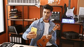 A cheerful young hispanic man in a denim jacket plays a ukulele and takes selfies with a smartphone in a music studio.