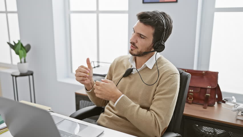 A young man with a beard wearing a headset talks indoors at an office with a stress ball in hand. Royalty-Free Stock Footage #3481771599