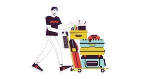 College freshman with belongings line cartoon animation. Moving to dorm 4K video motion graphic. Back to school. College kid trolley luggage 2D linear animated character isolated on white background