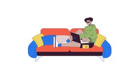 Relaxed hispanic man with laptop on sofa line 2D character animation. Cozy freelance workplace flat color cartoon 4K video, alpha channel. Remote worker animated person on white background