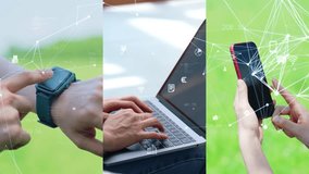 Collage of people using computers and communication network concept. Mobile network. Wearable computing. Wipe transition from white background. - Powered by Shutterstock - Get 15% off with code: PIKWIZARD15