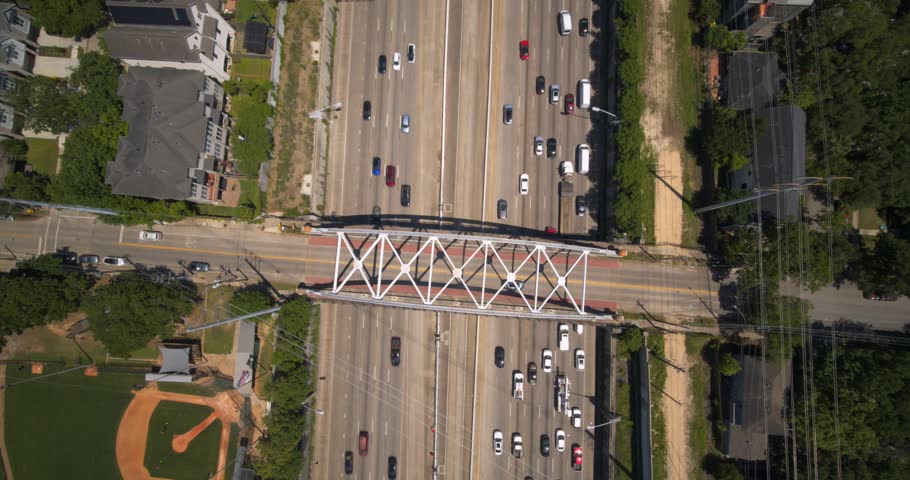Birds eye view of car traffic on 59 South freeway in Houston, Texas Royalty-Free Stock Footage #3481927171