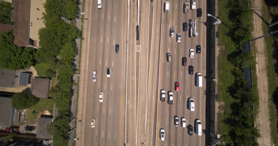 Birds eye view of car traffic on 59 South freeway in Houston, Texas Royalty-Free Stock Footage #3481928193
