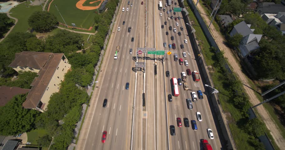 Aerial view of car traffic on 59 South freeway in Houston, Texas Royalty-Free Stock Footage #3481928579