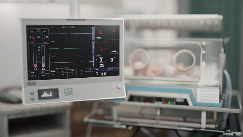 Modern Medical Monitoring Equipment Tracking the condition of a virus patient. Monitoring the vital health signs of a virus patient. Monitoring tech detecting the death of a virus patient.