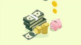 Animation of moving money falling into a pile of money, coins moving into a ping-coloured piggy bank, animation of finance. economy animation