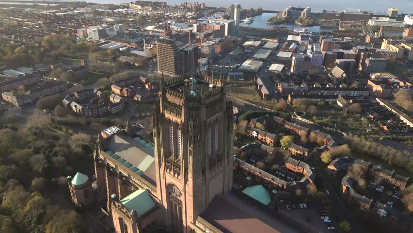 Establishing Aerial View of Liverpool UK, beautiful City Waterfront, United Kingdom
