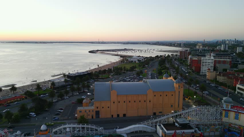 Aerial drone video of the Luna Park in Saint Kilda, Melbourne, Australia.