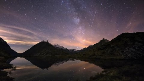 Milky Way Time lapse starry sky beyond snowcapped mountain ridge, reflected on idyllic apine lake.