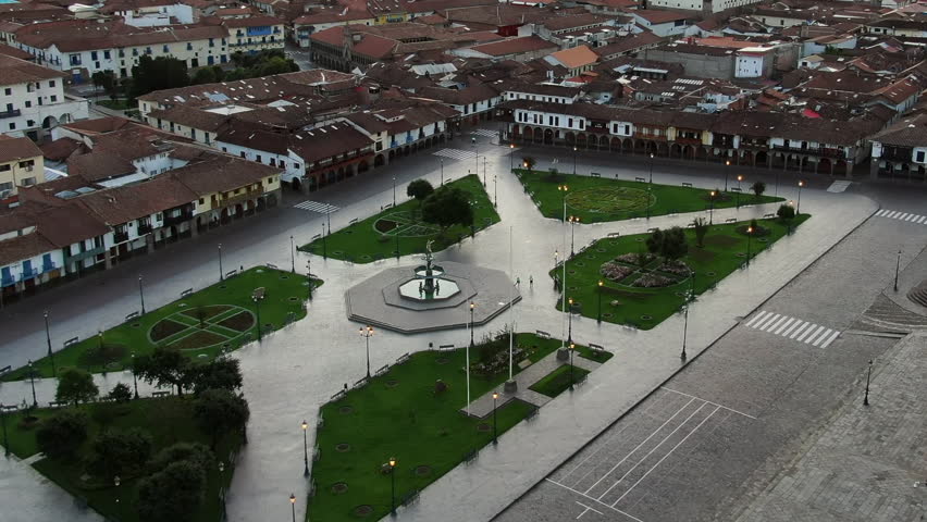 Aerial View Of Plaza de Armas With Water Fountain In Cusco, Peru.