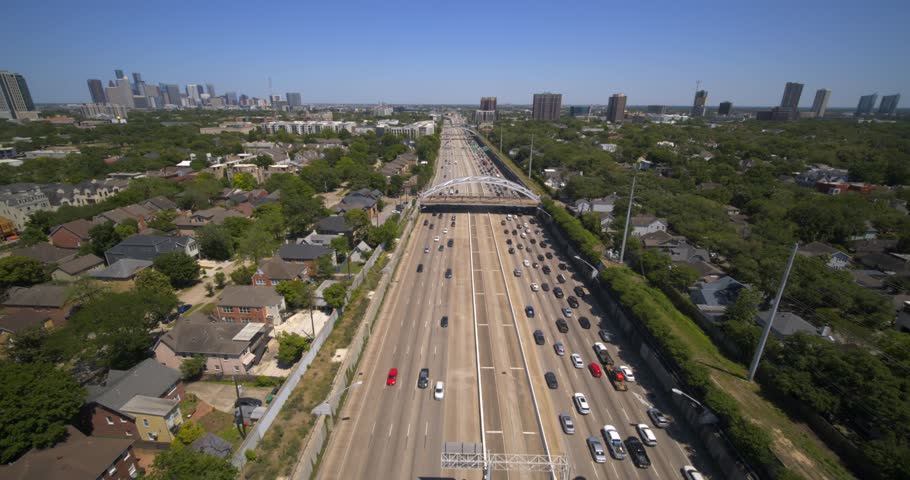 Aerial view of car traffic on 59 South freeway in Houston, Texas Royalty-Free Stock Footage #3482089415