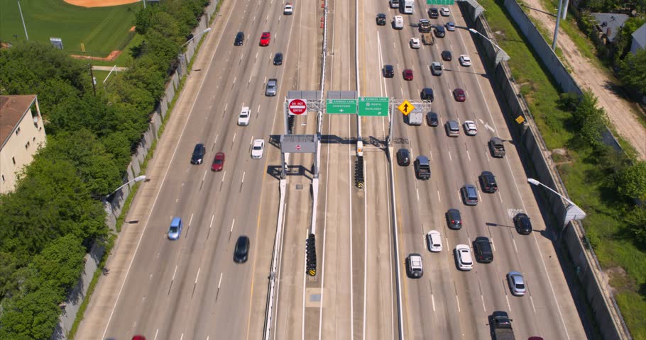 Aerial view of car traffic on 59 South freeway in Houston, Texas Royalty-Free Stock Footage #3482089493