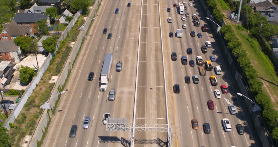Aerial view of car traffic on 59 South freeway in Houston, Texas Royalty-Free Stock Footage #3482089845