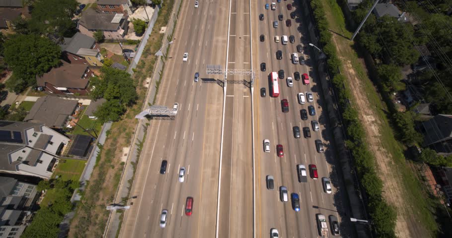 Aerial view of car traffic on 59 South freeway in Houston, Texas Royalty-Free Stock Footage #3482089939