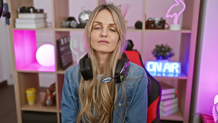 A confident young woman with headphones in a colorful gaming room smiles at the camera, arms crossed, surrounded by tech and neon lights.