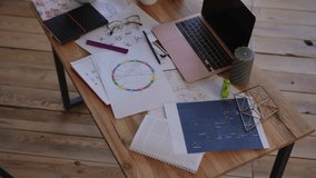 Top view. Workplace of a modern businesswoman. A laptop, a natal chart, candles and a houseplant, everything for comfortable and harmonious work in a modern office - Powered by Shutterstock - Get 15% off with code: PIKWIZARD15
