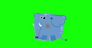 Cartoon blue elephant animation no outline sitting greenbox. Animated character isolated chromakey. Good for any material for kids, adverts, etc...
