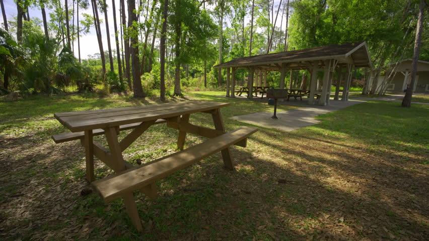Picnic table in a park 4k HDR nature footage