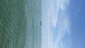 Fishing boats passing in the middle of the calm sea with a background of blue sky and clean sea, vertical video
