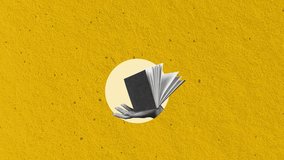 Stop motion, animation. Human hand holding open book over yellow background. Educational services promotion. Concept of education, reading, knowledge. Publishing house marketing. Book club - Powered by Shutterstock - Get 15% off with code: PIKWIZARD15