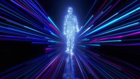 Digital Age Illustration. Futuristic Man Hologram Walking in Cyber Space, Digital Lines Growing Around. Blue Purple Colors Technology Concept Artificial Intelligence Neural Networks 3d Animation 4k.  - Powered by Shutterstock - Get 15% off with code: PIKWIZARD15
