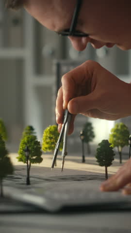 Vertical screen. In the design studio, European man is delving into the project. The designer of the future city is introducing his innovative approaches to the development of sustainable urban spaces