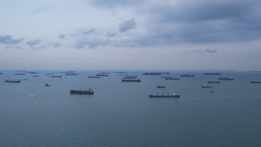View of many logistic transport freight container ships in the sea. Royalty-Free Stock Footage #3482514059