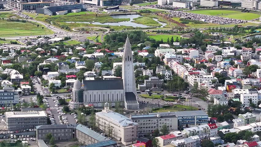 Reykjavik, Iceland, Aerial View of Hallgrimskirkja Church and Downtown Buildings on Sunny Day