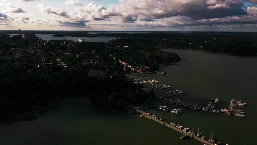 Aerial view around the church and old town Naantali harbor, summer in Finland