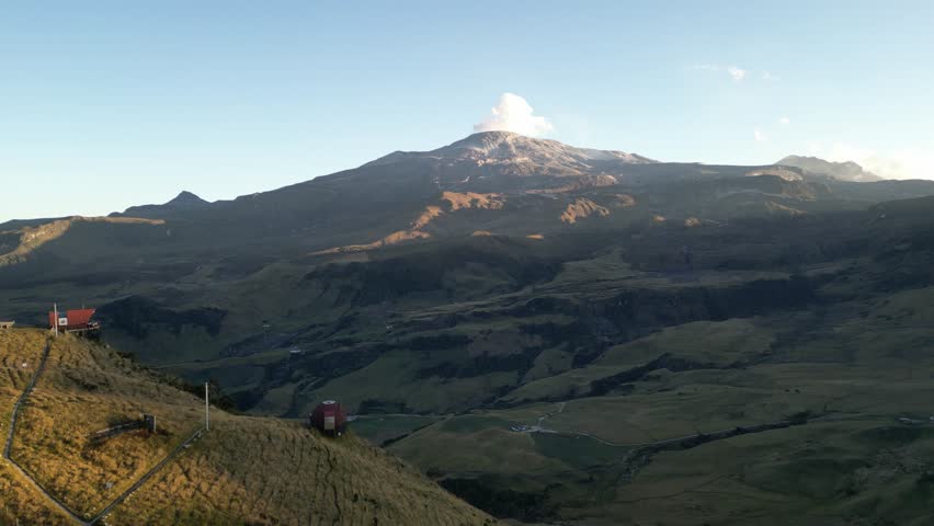 Flying towards active volcano Nevado del Ruiz in the Tolima department in the Andes mountains in Colombia