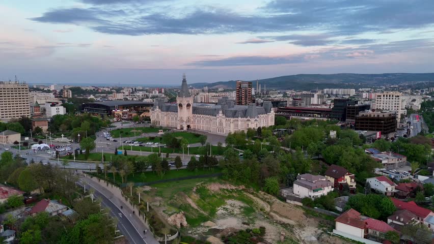 Drone view of Palace of Culture from capital of Moldova in Iasi Romania