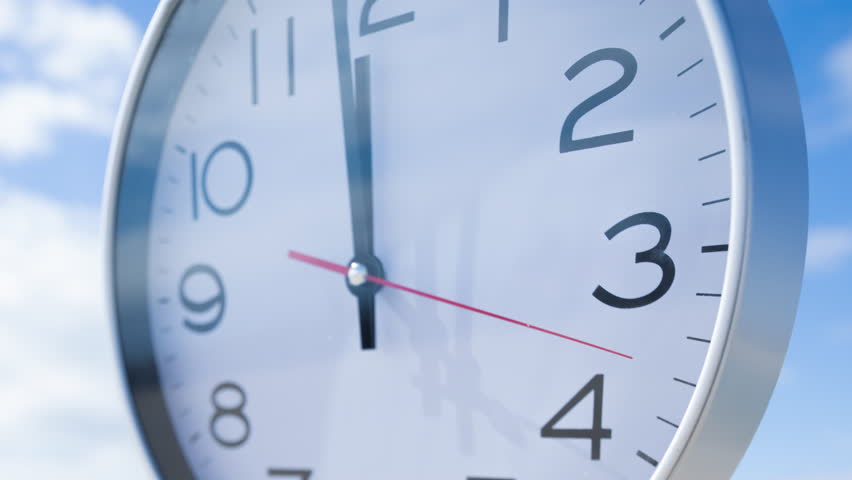 stop motion of a clock with time passing during 1 hour with sky and sea