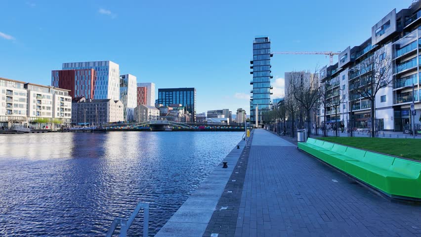 Panoramic View Of Grand Canal Dock From Grand Canal Square In Dublin Docklands. Symbol of urban regeneration and technological advancement. With modern architecture and corporate headquarters