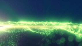 Green energy glowing magic waves high tech digital iridescent with light rays lines and bokeh energy particles. Abstract background. Video in high quality 4k