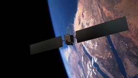 Communication Satellite Orbiting Around Planet Earth. Majestic Scene. Technology And Space Related 3D Animation. - Powered by Shutterstock - Get 15% off with code: PIKWIZARD15