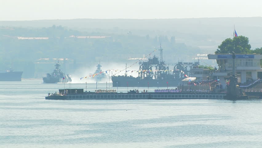 Day of Russian Navy. Warships in Sevastopol Bay, demonstrating the power of the fleet.
SEVASTOPOL, UKRAINE - JULY 29, 2012.