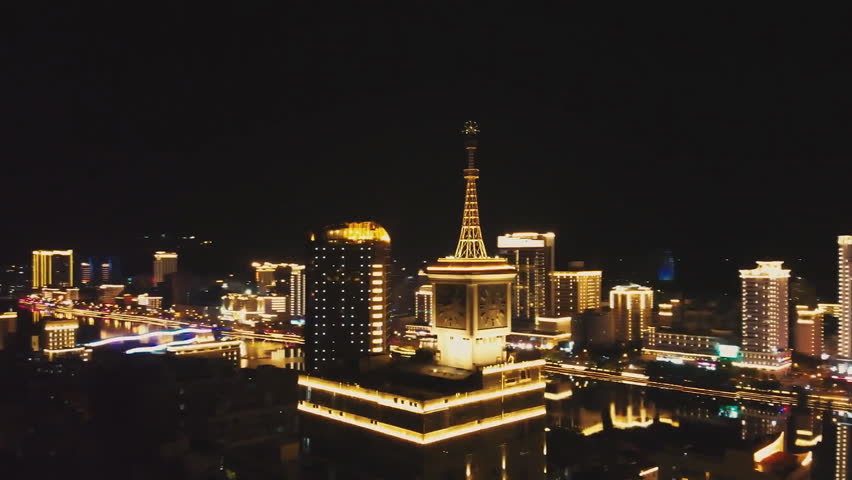 Haitang Bay, Sanya, Hainan Province, China. Aerial view of the night city.