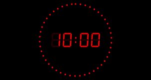 Animation of red digital timer changing with dots in circle on black background. Time, digital interface and data processing concept digitally generated video.