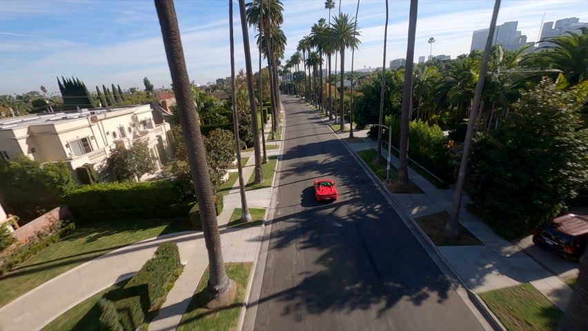Aerial shot on FPV drone of tall scenic green Palm Trees passing by at sunny blue skies in Los Angeles, California, USA. High quality 4k footage