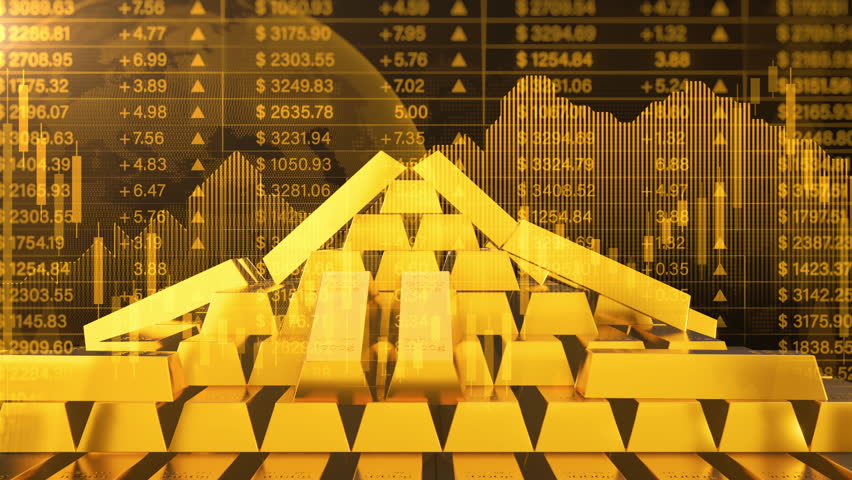 Uptrend gold investment background, Digital illustration of gold bars with an overlaying stock market graph representing wealth and investment strategies.