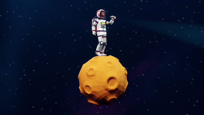 A 3D cartoon astronaut in a spacesuit walks on a rotating moon and shines a flashlight. Astronaut on the moon. Looping animation with alpha channel.