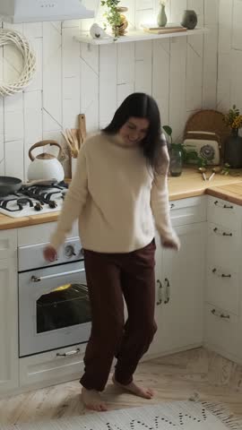 Happy Woman Dancing To Music At Home Kitchen Royalty-Free Stock Footage #3483165685