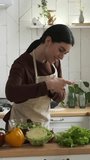 Smiling Woman Vlogger Photographing Fresh Salad In Kitchen
