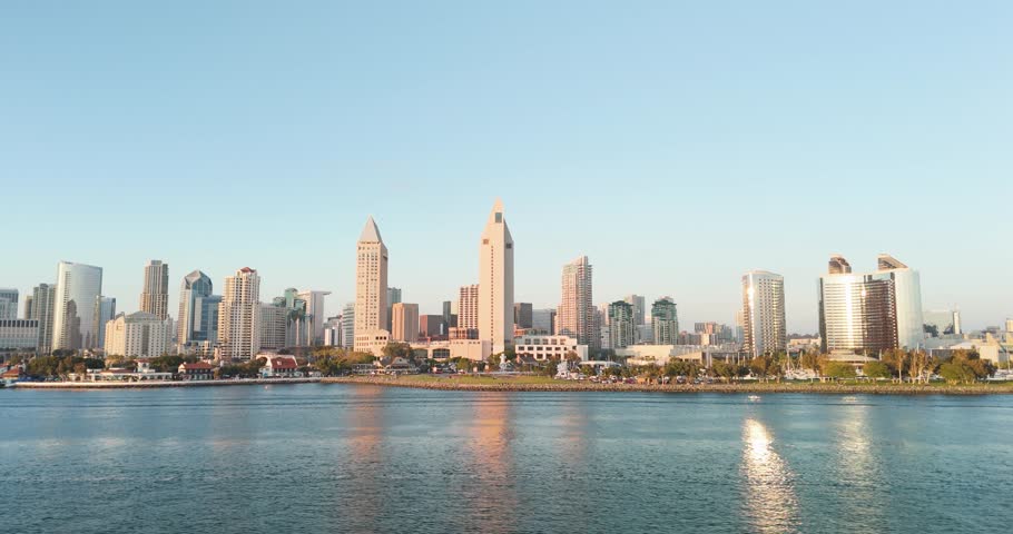 San Diego Skyline Downtown View From The Ocean In California, USA - Drone Shot