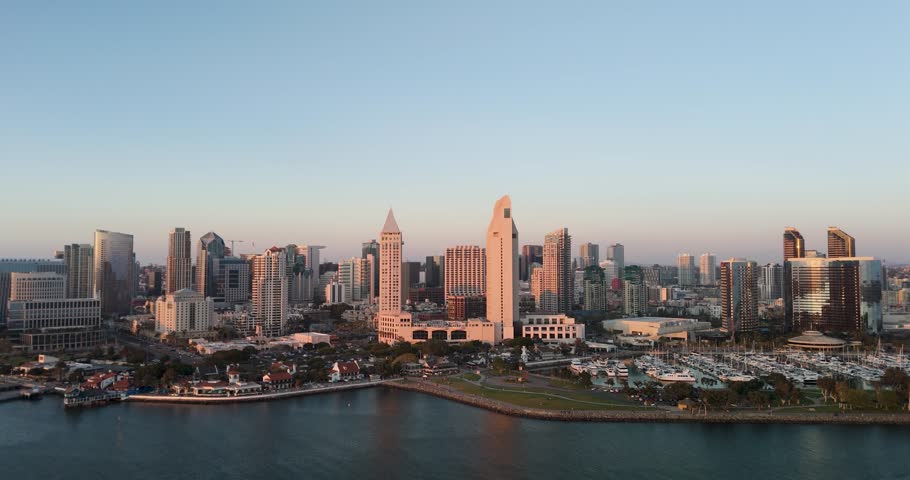 Aerial View Over Downtown San Diego At Sunset In California, USA - Drone Shot
