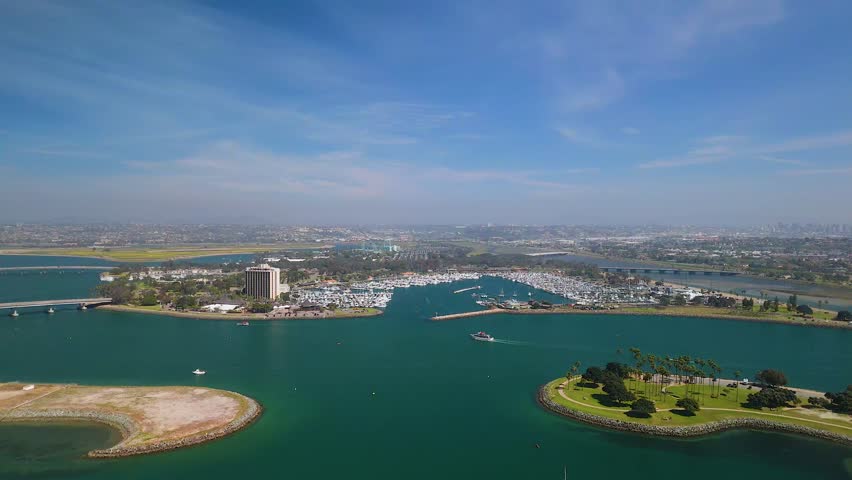 Aerial View of Mission Bay Marina, Basin And Waterfront Hotels In San Diego, California, USA.