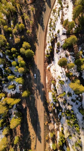 Aerial view of snowy Narbona Pass and Snow Road, Gallup, New Mexico, United States.