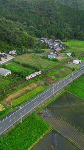 Aerial view of rural Japan with Tango Kanzaki Train, Maizuru, Kyoto, Japan.