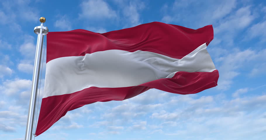 Austria flag with flagpole waving in wind, rolling clouds background looping, 4K video (Perfect Loop)